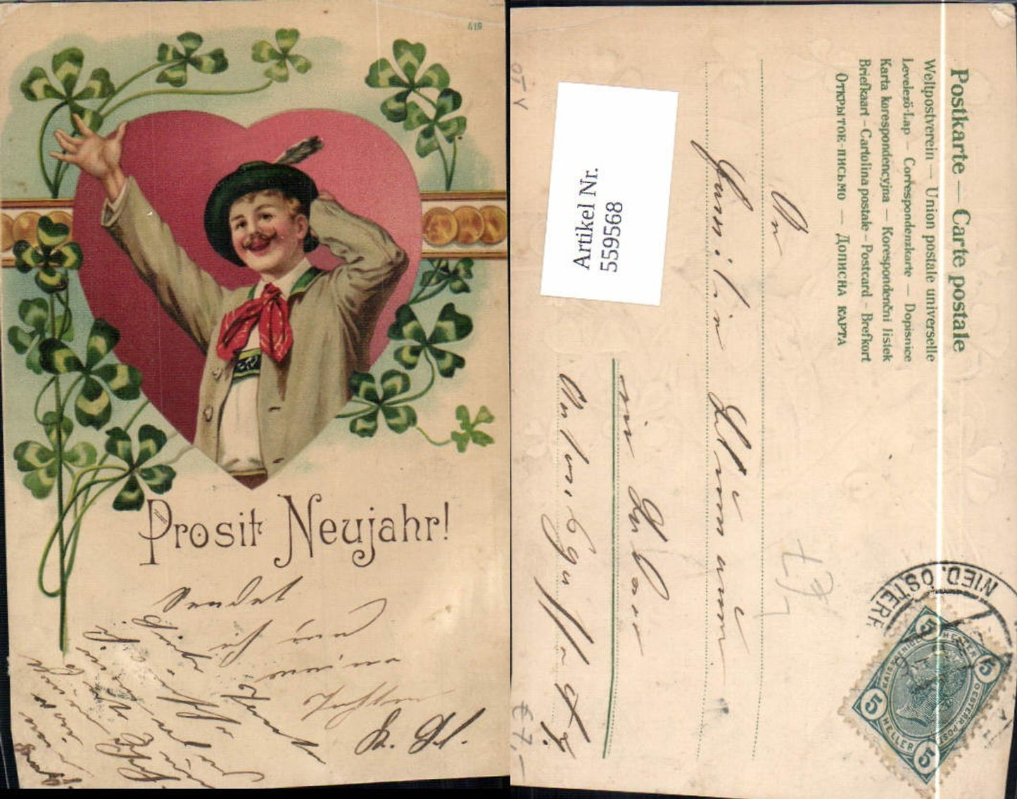 559568,Präge Litho Neujahr Mann Junge i. Tracht Herz Klee Kleeblätter