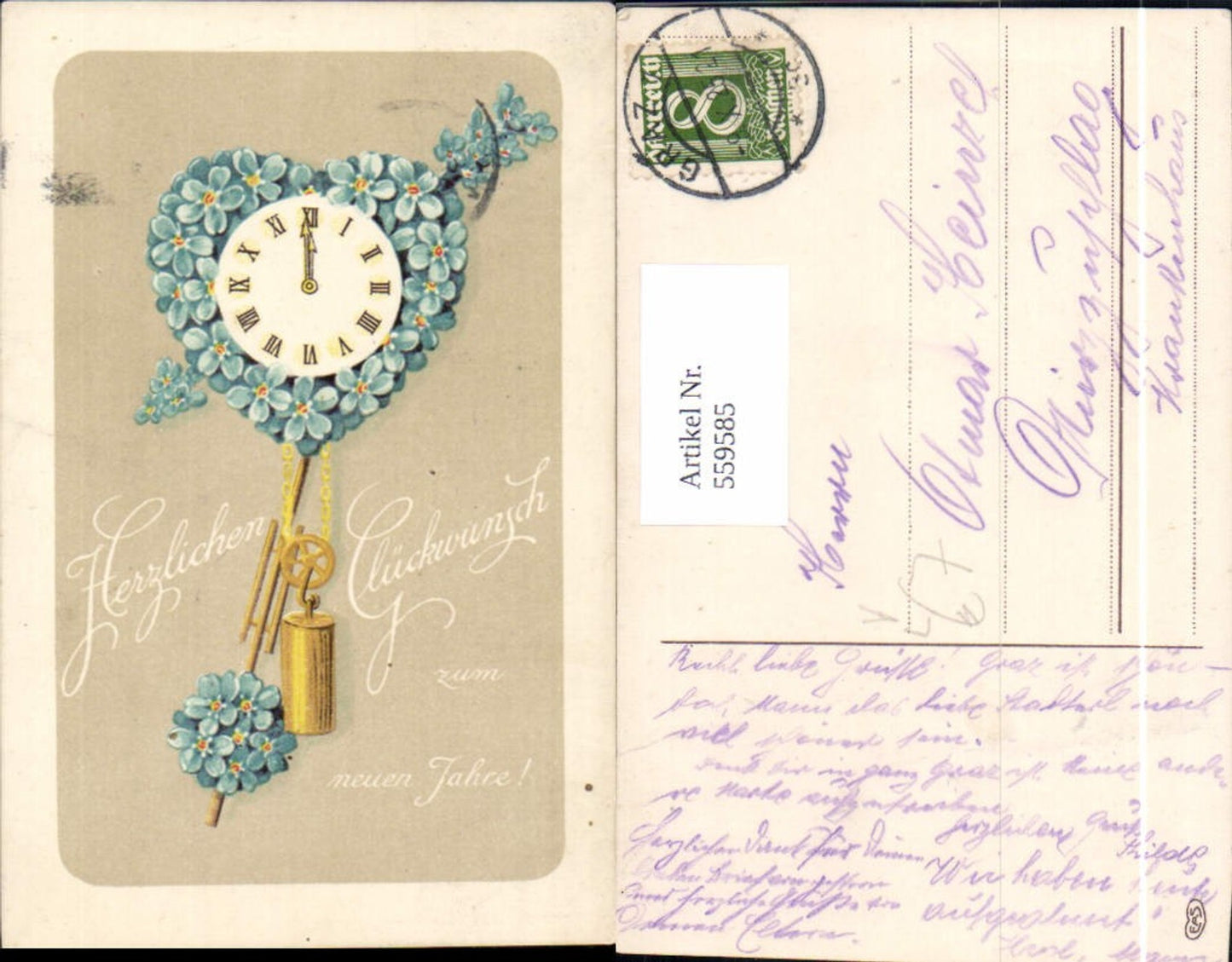 559585,Litho Neujahr Uhr Pendeluhr Vergissmeinnicht Blumen Herz Amorpfeil pub EAS