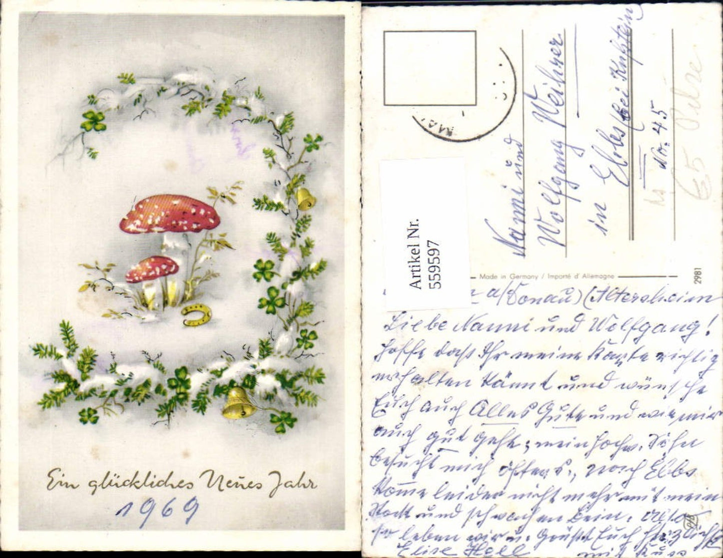 559597,Neujahr Fliegenpilz Pilz Ranke m. Zweigen Tanne Klee Glocken Schnee