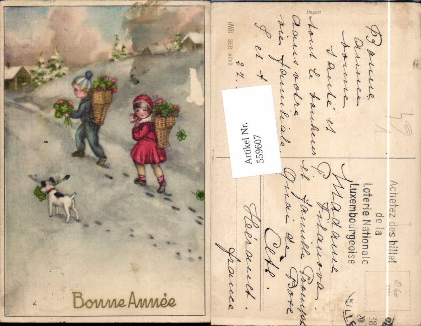 559607, New Year's children with back basket, flowers, dog, clover, winter landscape, Bonne Annee pub HWB 6062