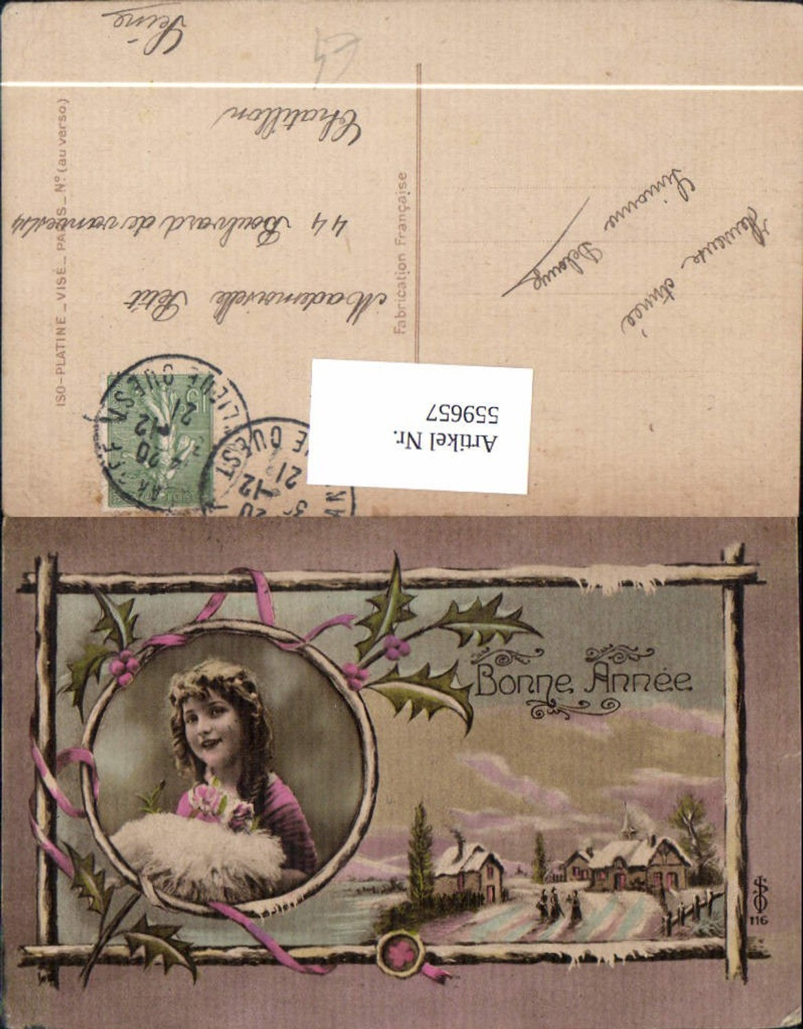 559657,Neujahr Mädchen Pelzkissen m. Rose Winterdorf Passepartout Bonne Annee