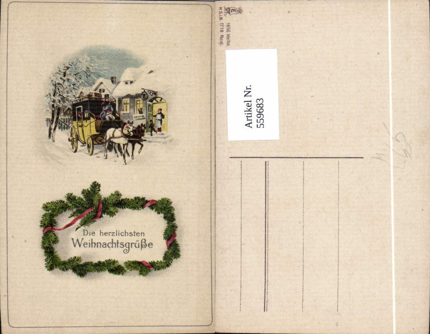 559683,Litho Weihnachten Postkutsche Post Winterdorf Tannenzweig Girlande