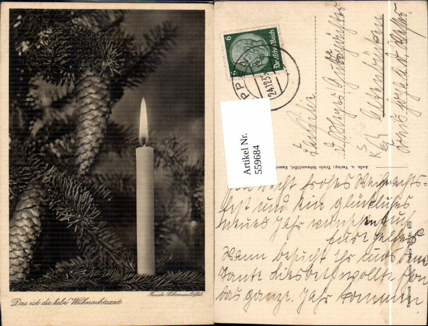 559684,Künstler Ak Trude Schaumlöffel Weihnachten Kerze Tannenzweig Zapfen Stempel Bippen
