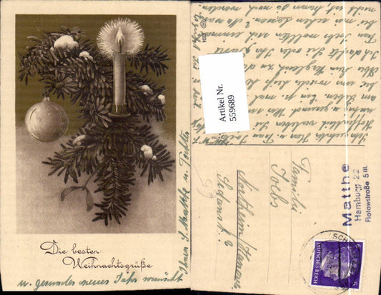 559689,Weihnachten Tannenzweig m. Kerze Christbaumkugel