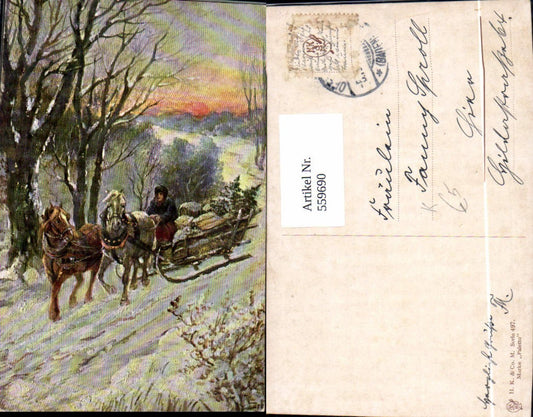 559690,Künstler Ak Weihnachten Frau Pferdeschlitten Winterlandschaft