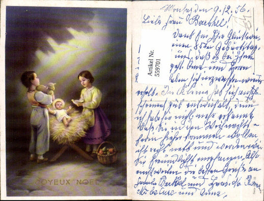 559701,Künstler Ak Weihnachten Kinder Jesuskind i. Krippe Lamm Korb m. Obst Taube
