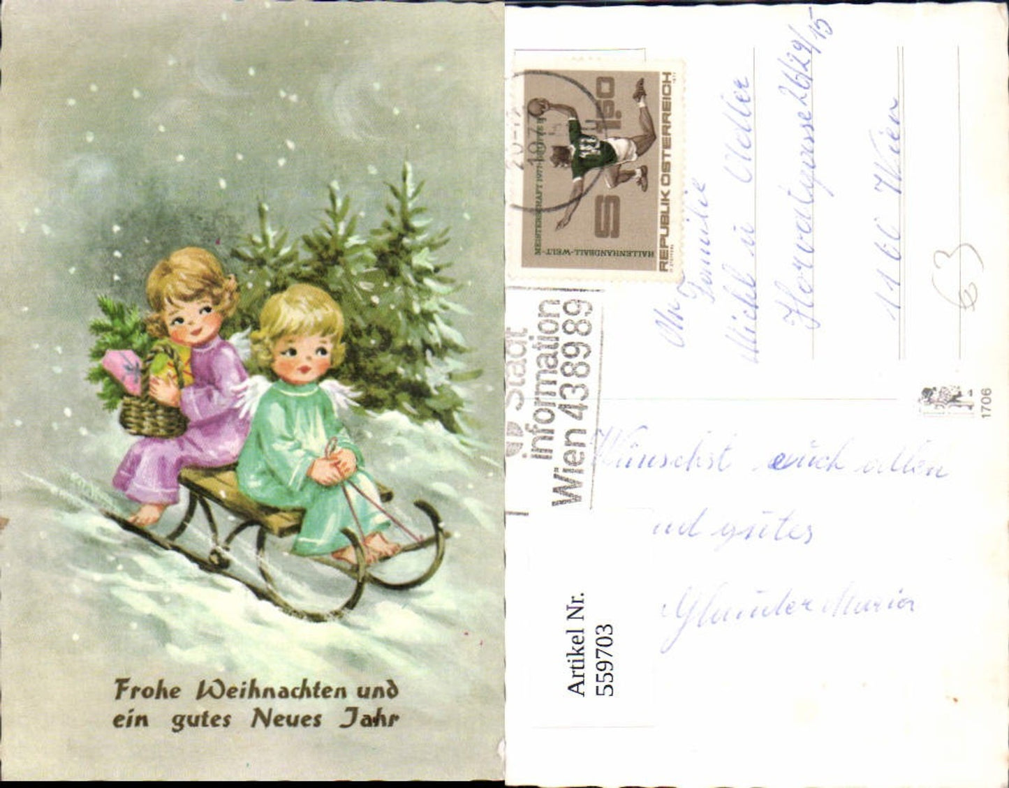 559703,Künstler Ak Weihnachten Engel auf Schlitten m. Tannenzweig Geschenke Winterwald