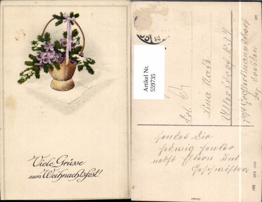 559735,Weihnachten Korb m. Tannenzweig Blumen Schleife Schnee pub HWB 1525