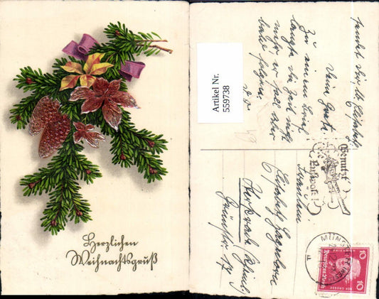 559738,Präge Ak Weihnachten Tannenzweig Blätter Zapfen metallisch glänzend Schleife