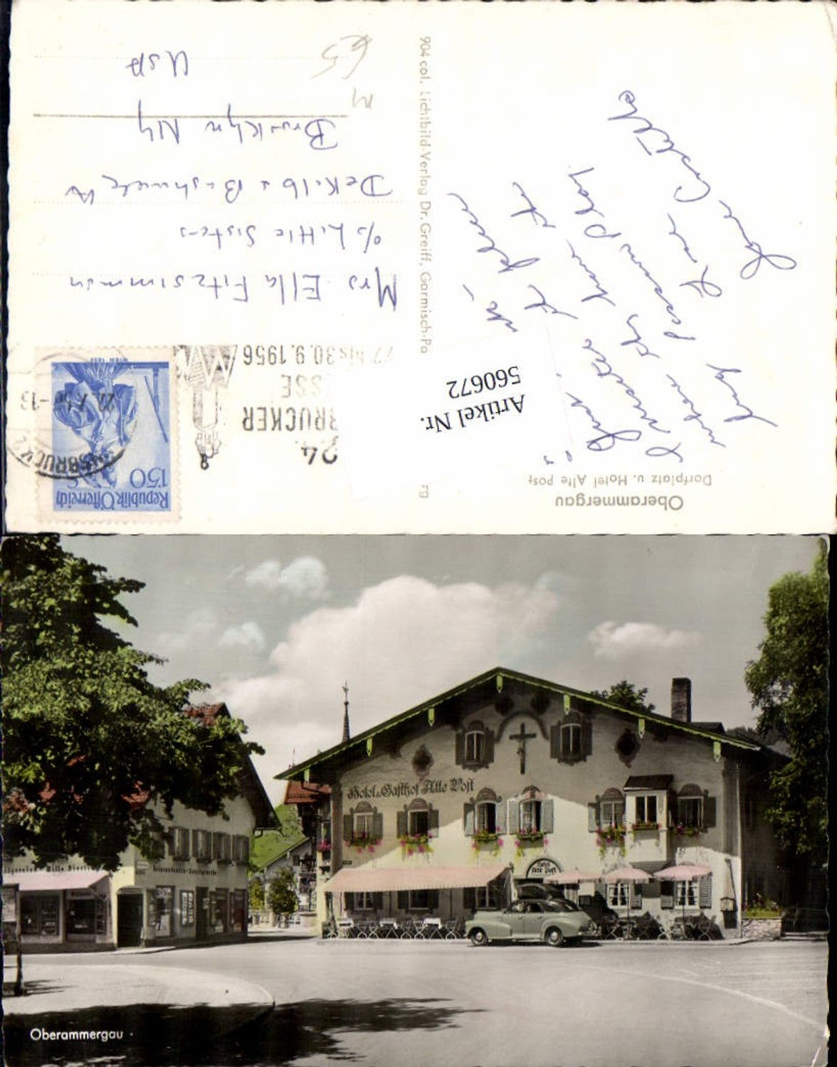 560672,Foto Ak Oberammergau Dorfplatz u. Hotel Gasthof Alte Post Automobil