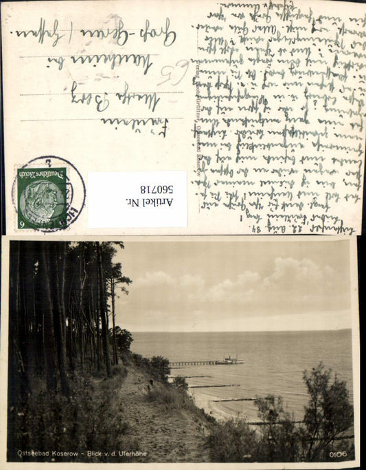 560718,Foto Ak Ostseebad Koserow Usedom Blick v. d. Uferhöhe Anleger Schiff Dampfer