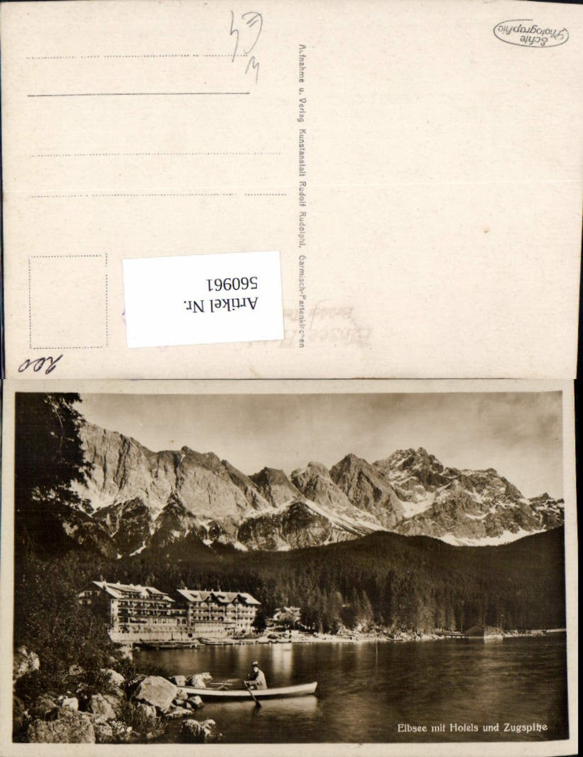 560961,Foto Ak Grainau Eibsee m. Hotels u. Zugspitze Ruderboot