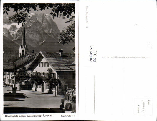 561396,Foto Ak Garmisch-Partenkirchen Floriansplatz geg. Zugspitzgruppe pub Hans Huber 114