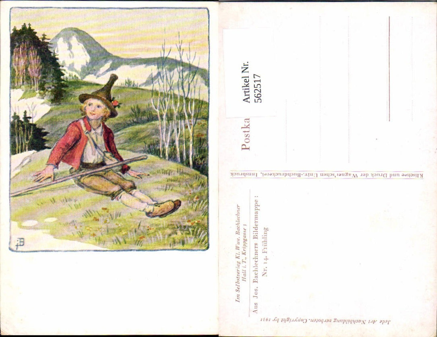 562517,Künstler AK Josef Bachlehner Hall Tirol 14 Frühling Junge Gehstock