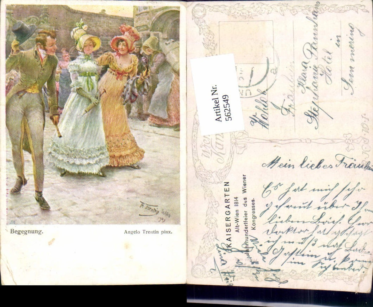 562549,Künstler AK Angelo Trentin Frau Mann Kleid Mode Hut pub B.K.W.I.  1370