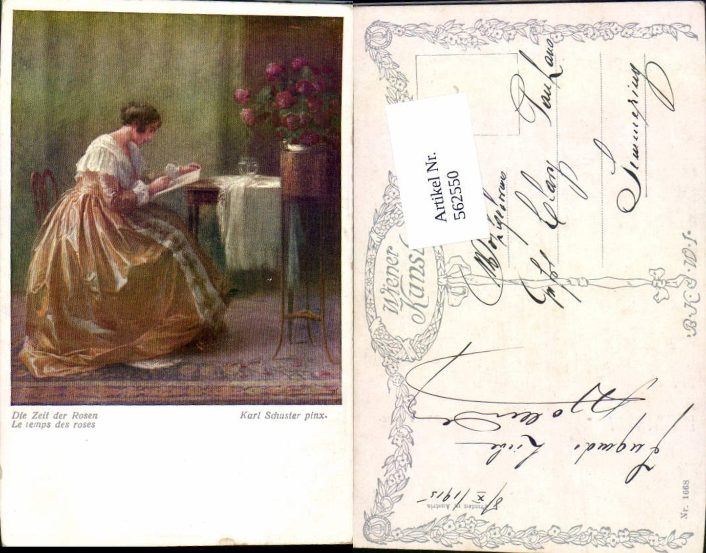 562550,Künstler AK Karl Schuster Zeit der Rosen schreiben Brief pub B.K.W.I. 1668