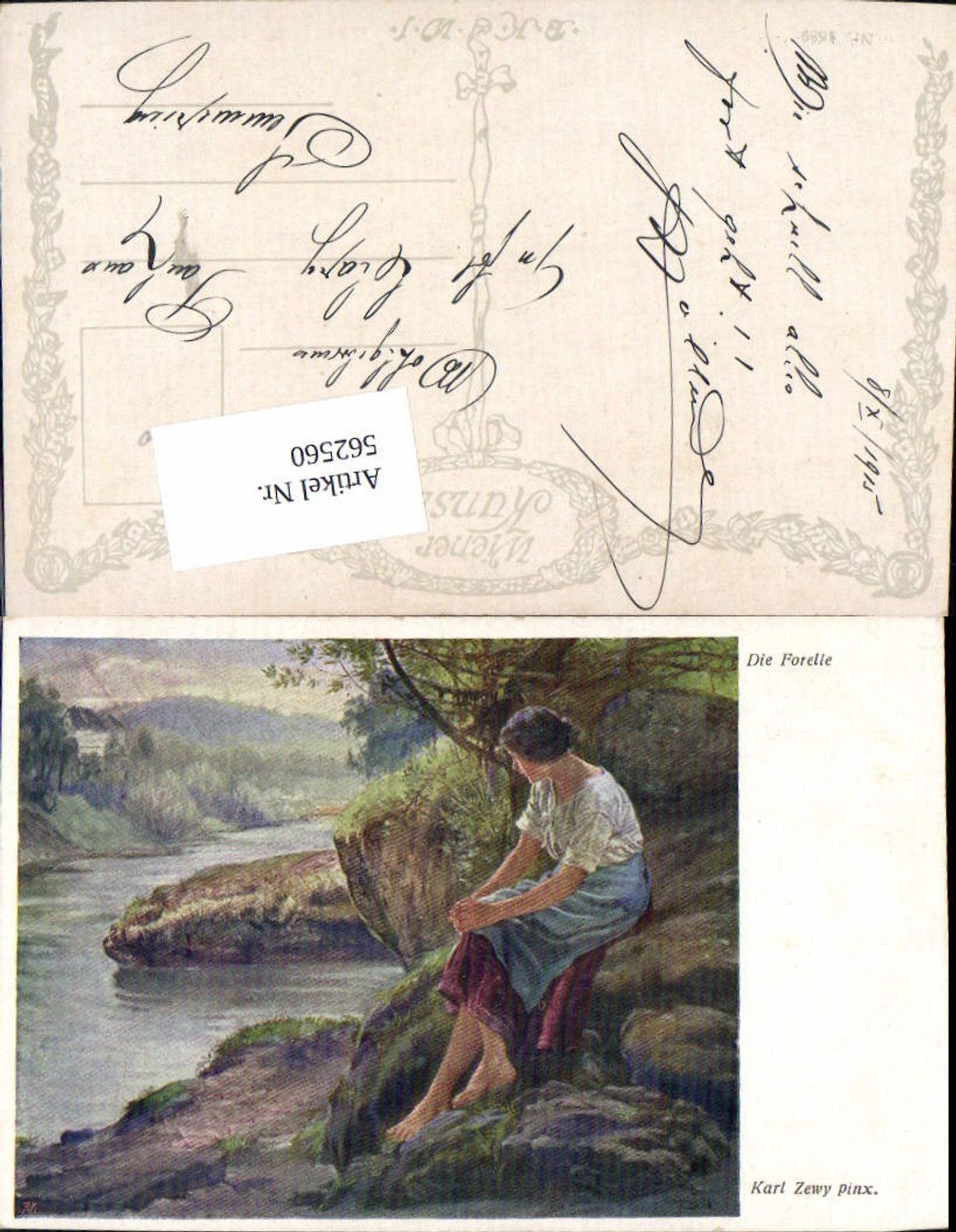 562560,Künstler AK Karl Zewy Die Forelle Frau Ufer pub B.K.W.I. 1589