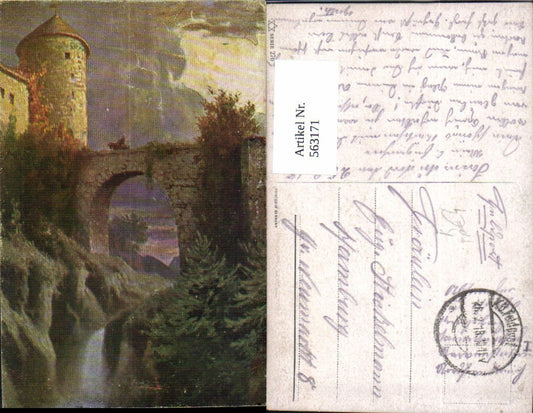 563171,Künstler Ak Burg Reiter a. Brücke Wasserfall FP K.D. Feldpost