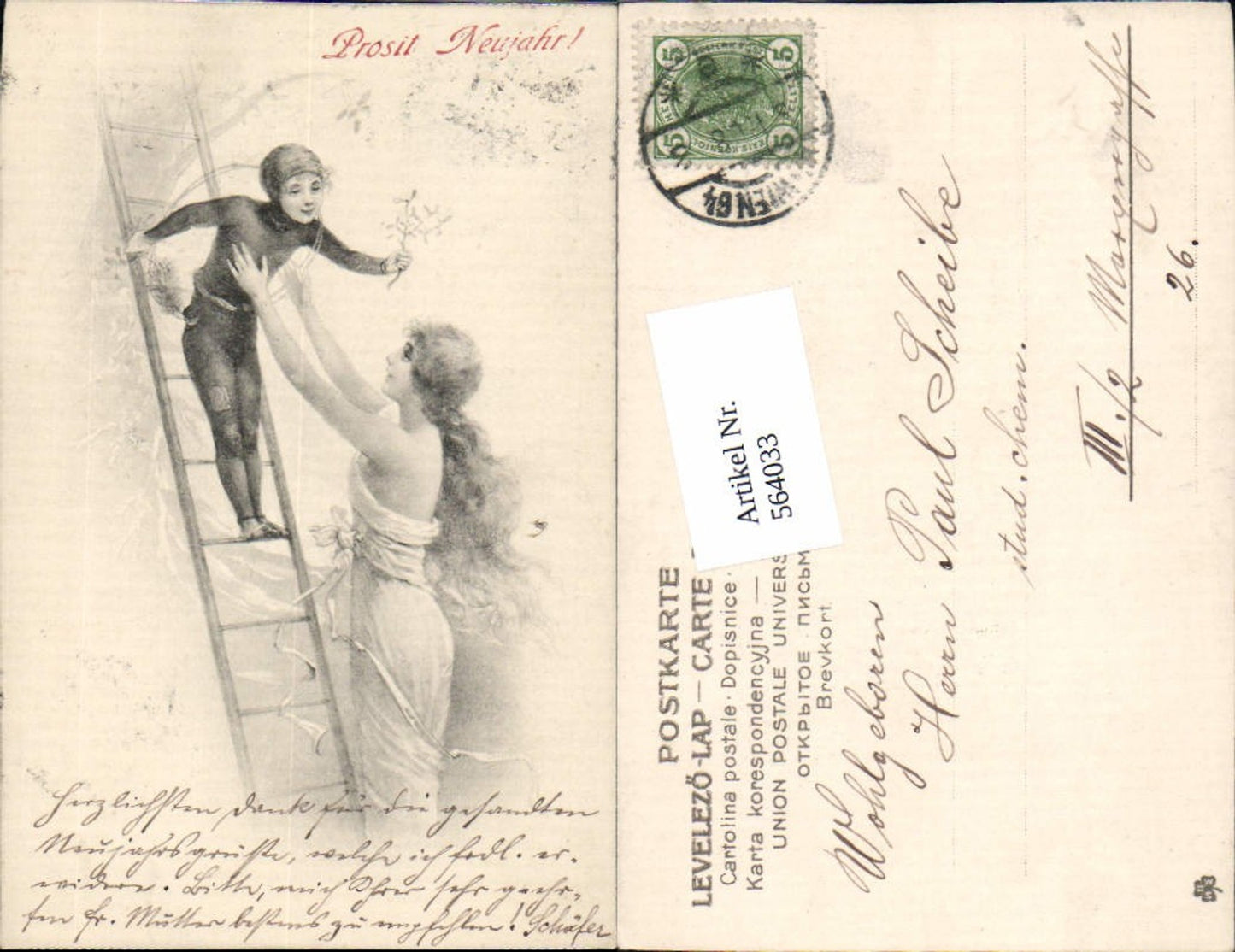 564033,tolle Künstler AK Jugendstil Neujahr Schornsteinfeger Rauchfangkehrer Leiter