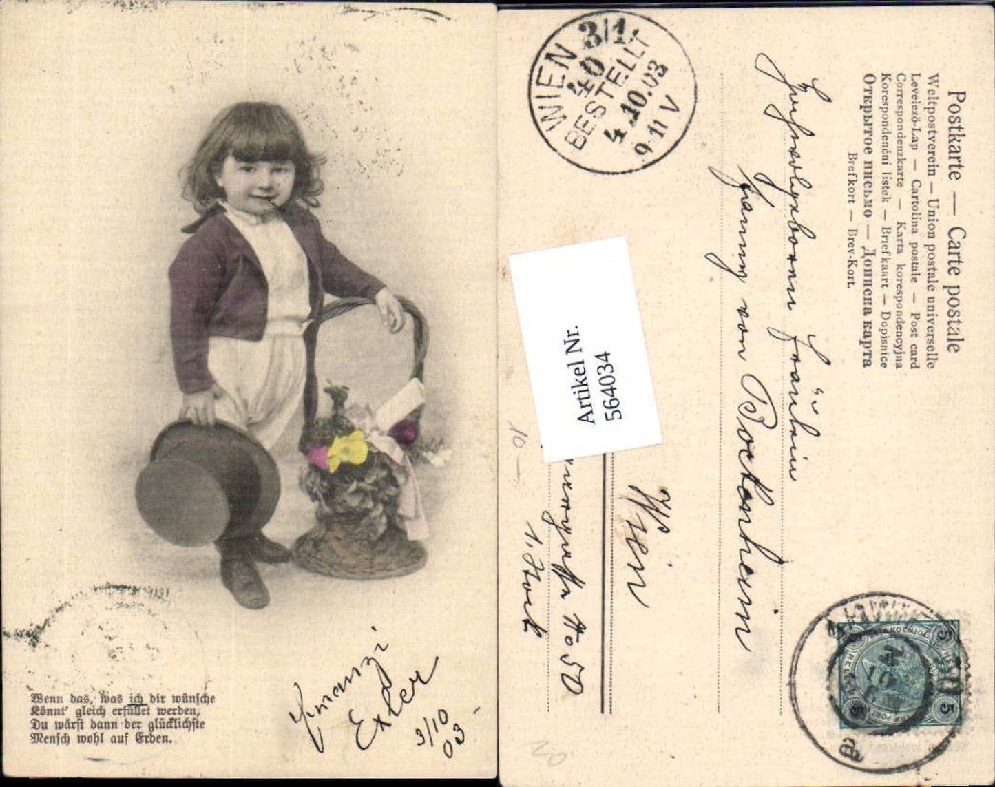 564034,tolle Künstler AK Jugendstil Kind Hut Blumen Spruch