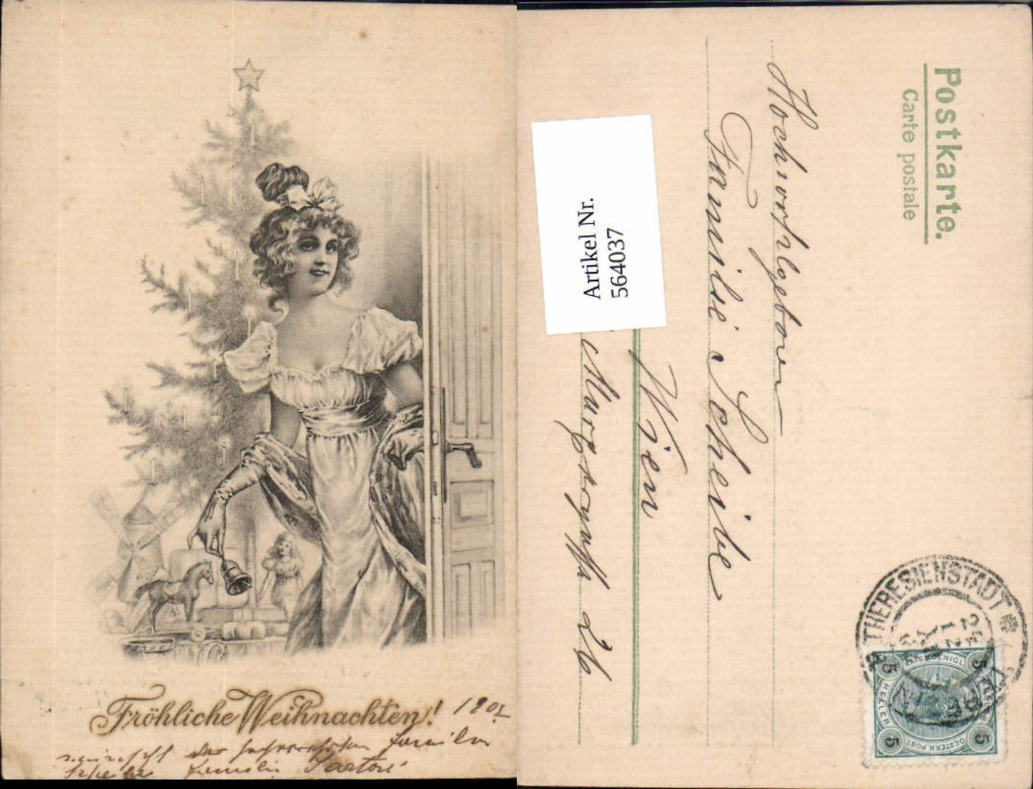564037,tolle Künstler AK Jugendstil Weihnachten Weihnachtsbaum Geschenke Glocke