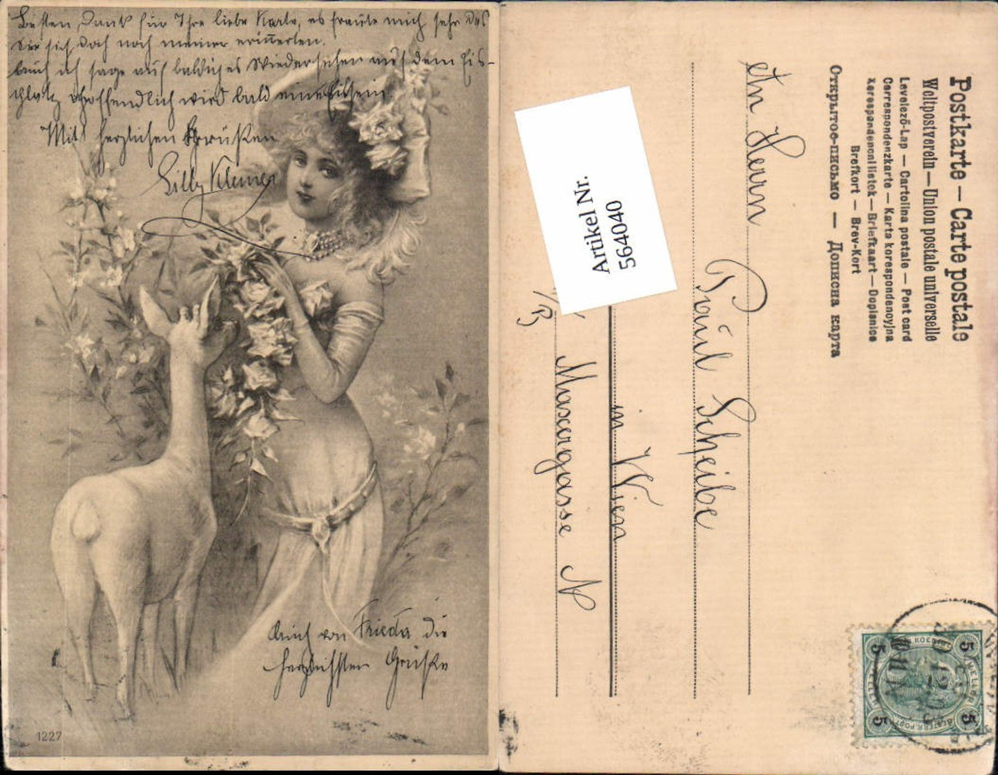 564040,tolle Künstler AK Jugendstil Frau Mode Reh Wild jagd