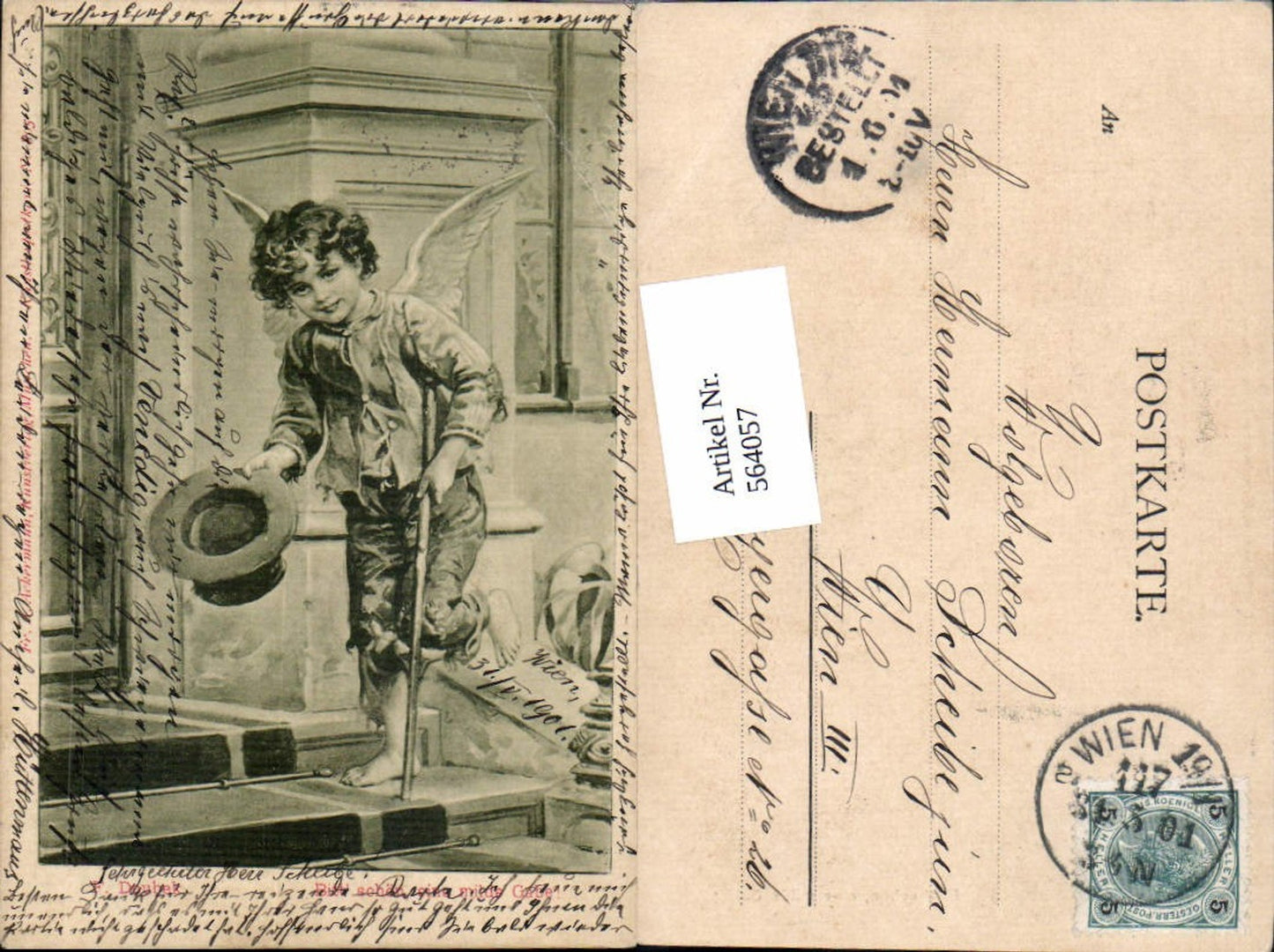 564057,tolle Künstler AK Jugendstil F. Doubek Junge als Engel Spende Rotes Kreuz Ackermann 805
