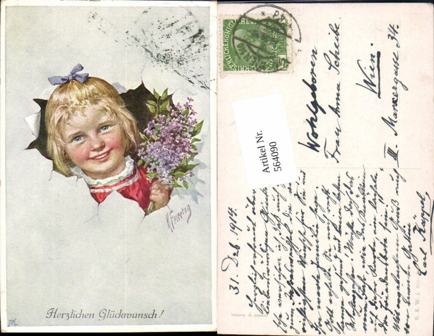 564090,tolle Künstler AK Karl Feiertag Kind Mädchen Flieder pub B.K.W.I.  803-3