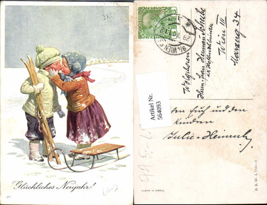 564093,tolle Künstler AK Karl Feiertag Ski Rodel Neujahr pub B.K.W.I. 2783-6
