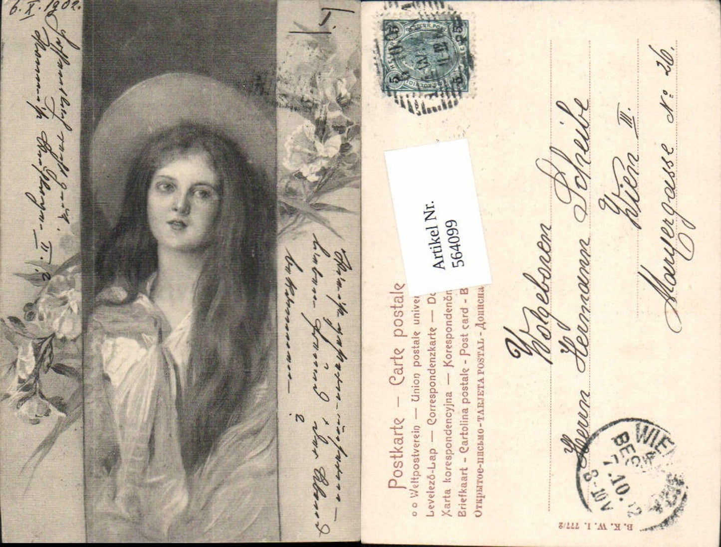 564099,tolle Künstler AK Jugendstil Frau Portrait Art Nouveau Hut pub B.K.W.I. 777/2