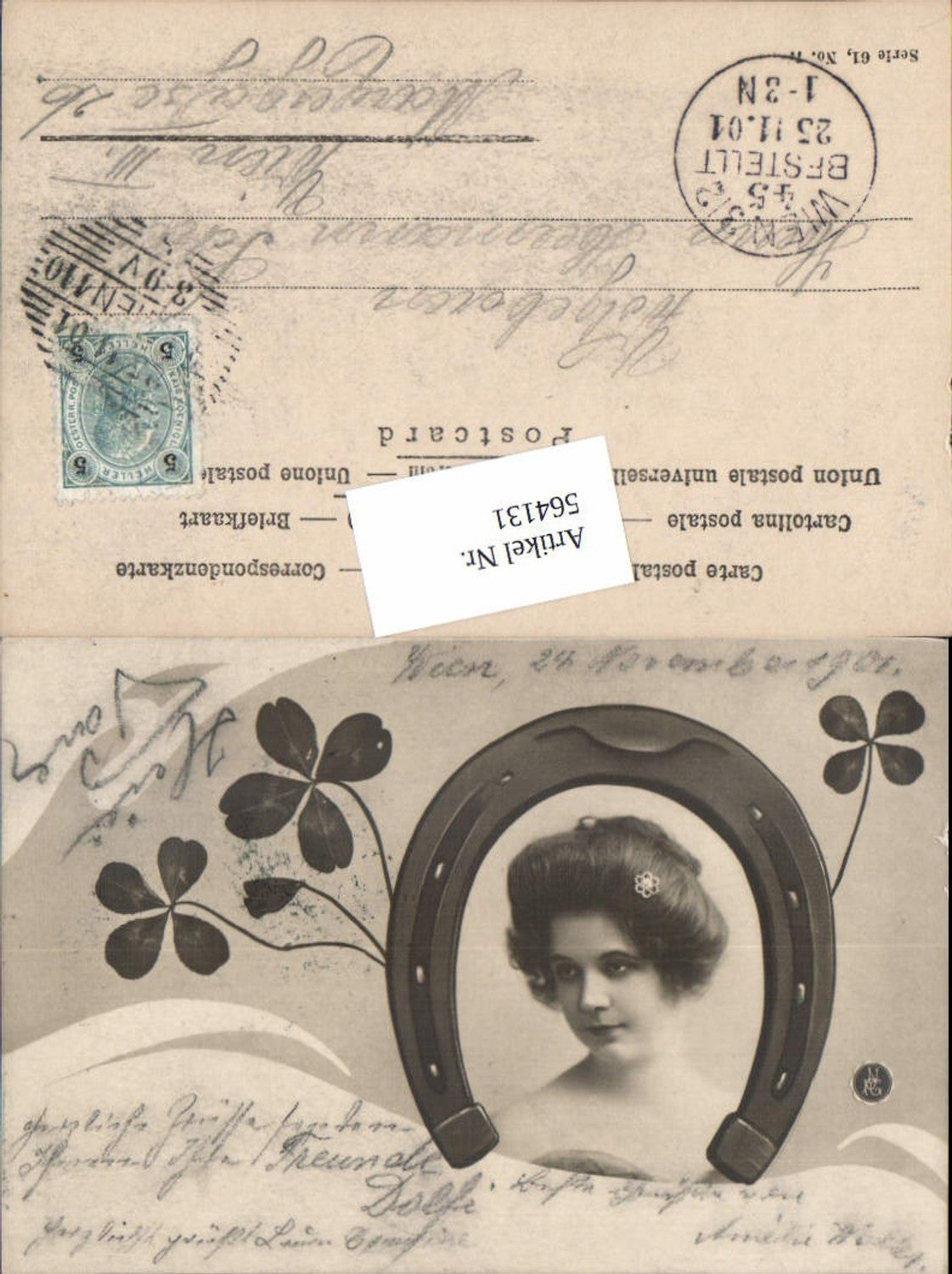 564131,tolle Foto-AK Fotokunst Jugendstil Hufeisen Frau Kopf pub NPG 61-7