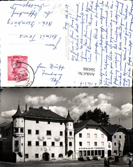 564366,Foto Ak Tamsweg Hauptplatz Rathaus Sparkasse Statue Auto