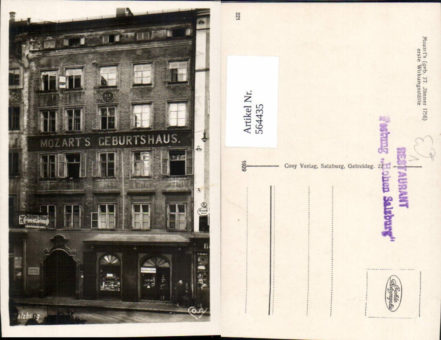 564435, Photo Ak Salzburg Getreidegasse Mozart Birthplace pub Cosy 321