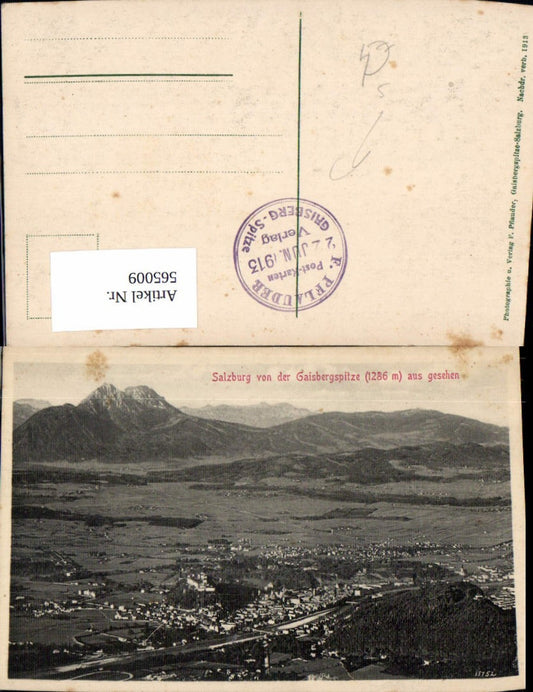 565009, Salzburg vd Gaisbergspitze, stamp F. Pelauder Verlag, June 1913