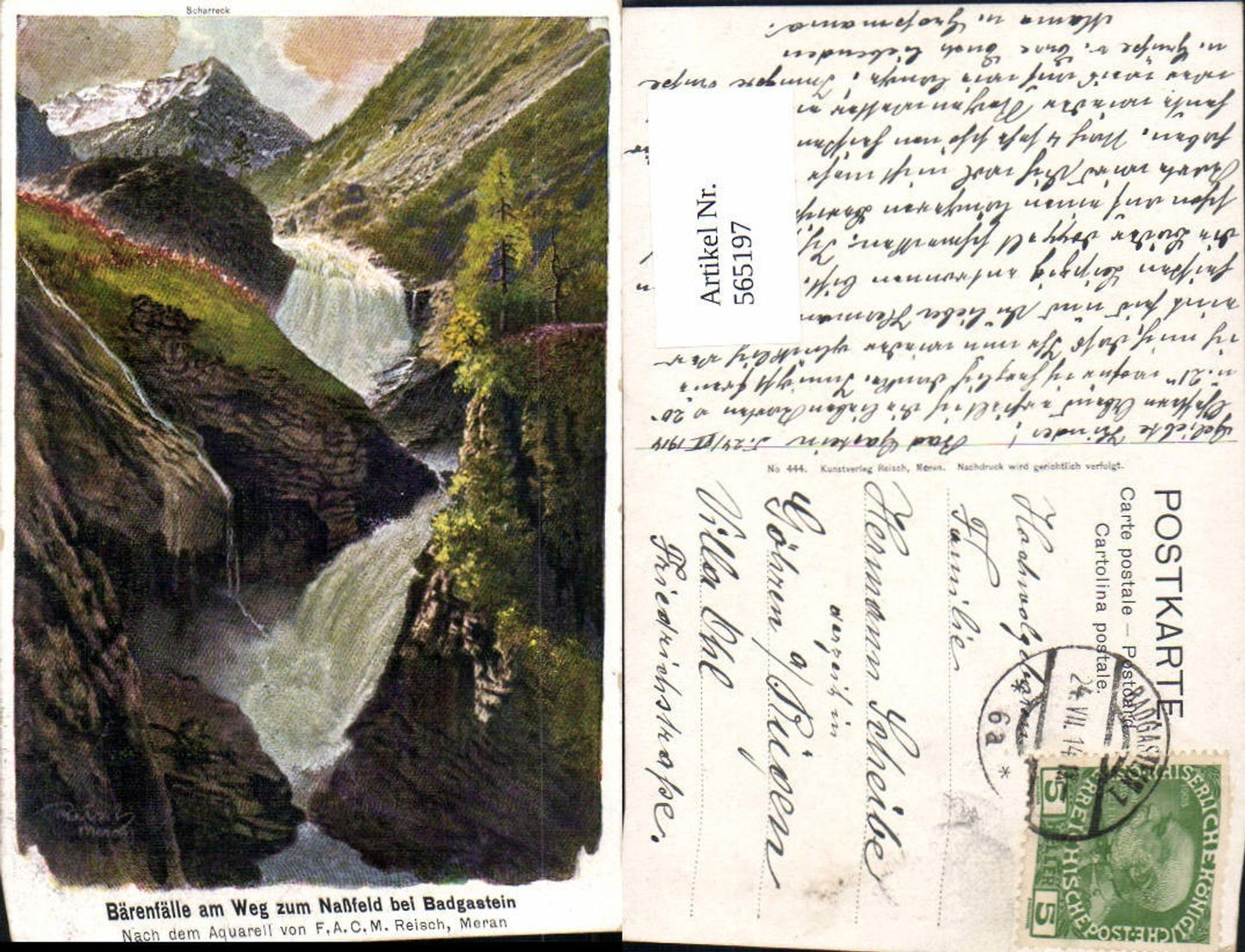 565197,Künstler Ak F. Reisch Bärenfälle am Weg zum Nassfeld Wasserfall Bad Gastein pub Reisch 444