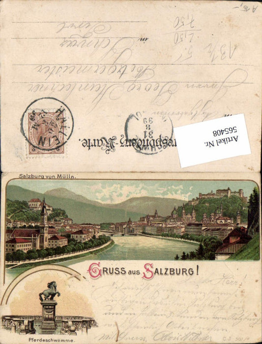 565408, great lithograph Salzburg Mülln horse watering place 1899