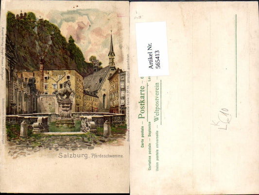 565413, great lithograph Salzburg horse watering place pub Strützel's artist card II-44
