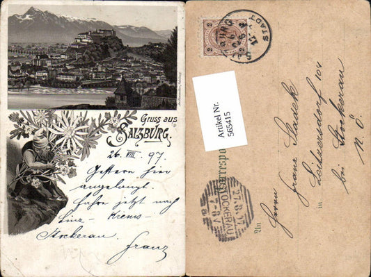 565415, great lithograph Greetings from Salzburg 1897 Dwarf Edelweiss
