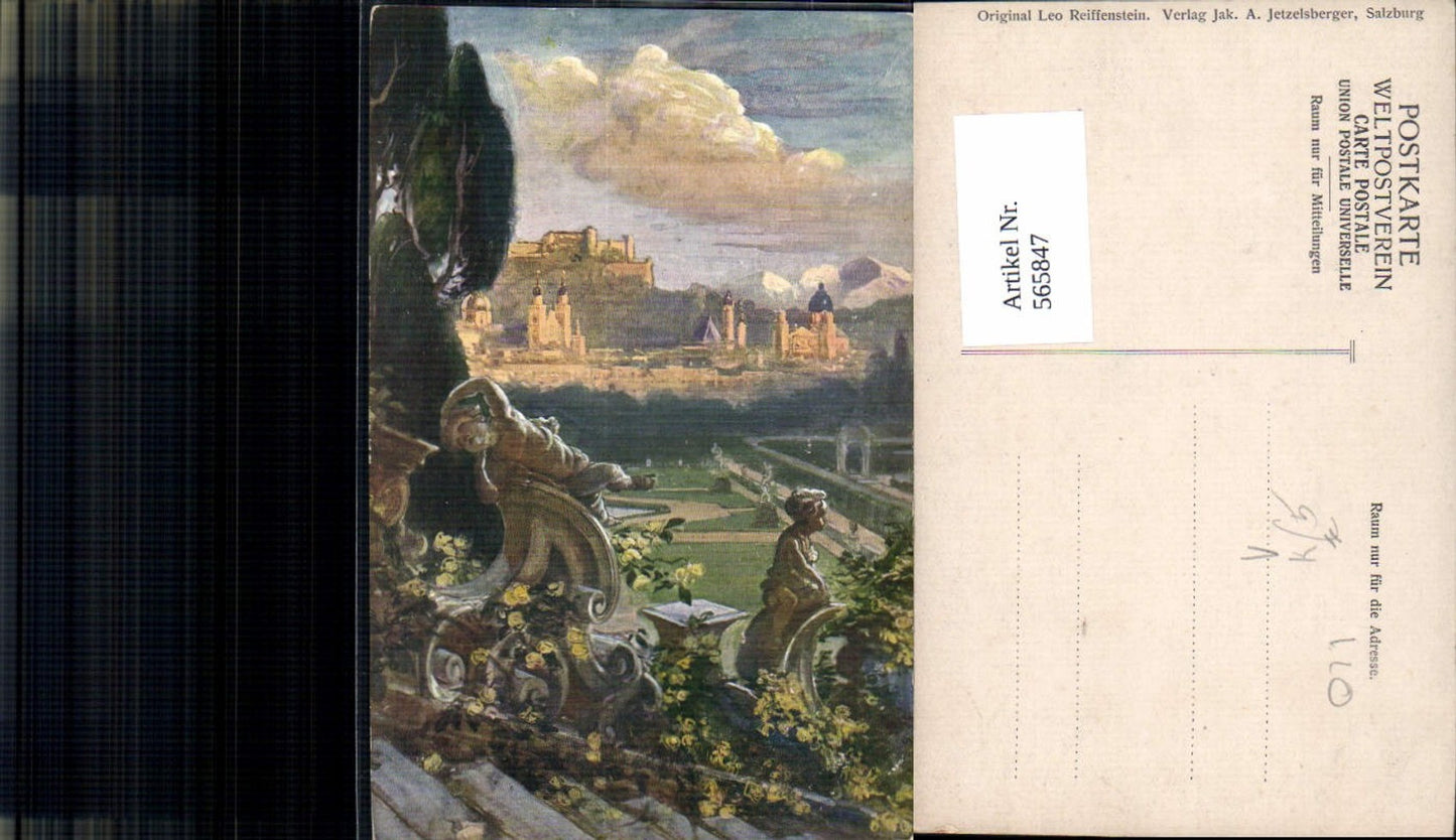565847, Artist Postcard Leo Reiffenstein Salzburg Mirabellgarten m. View Hohensalzburg Castle pub Jetzelsberger