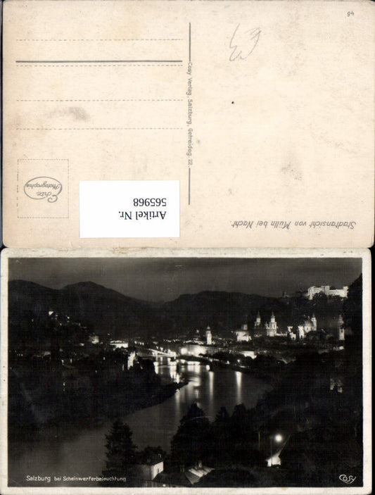 565968, Photo Ak Salzburg b. Spotlight illumination Night Hohensalzburg Fortress pub Cosy