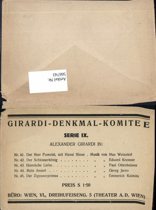 566743,Alexander Girardi Denkmal Komitee Serie IX. Umschlag f. Ak Serie
