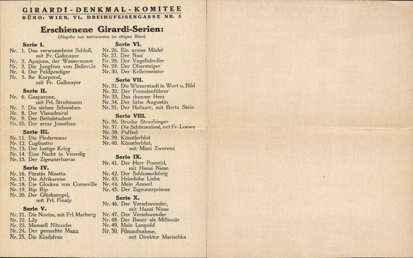 566752,Alexander Girardi Denkmal Komitee Serie Preisliste Ansichtskarten