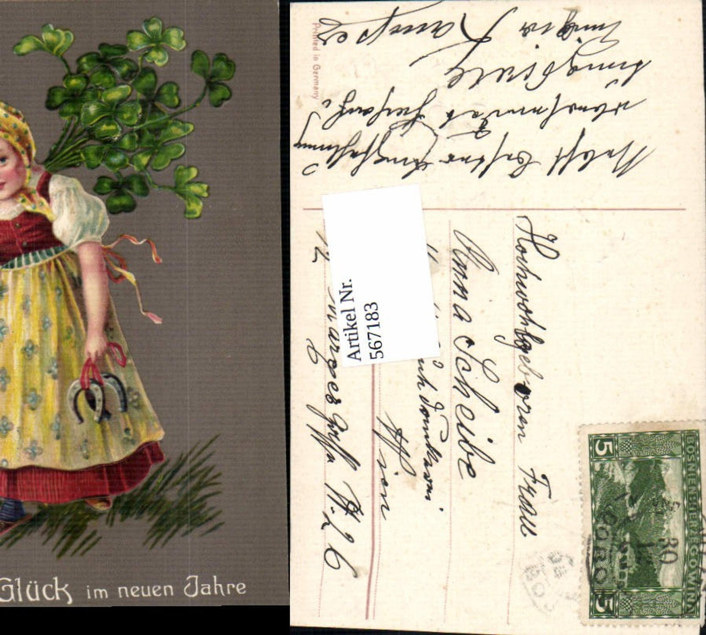 567183,tolle Präge Lithographie Neujahr Mädchen Kind Klee pub EAS