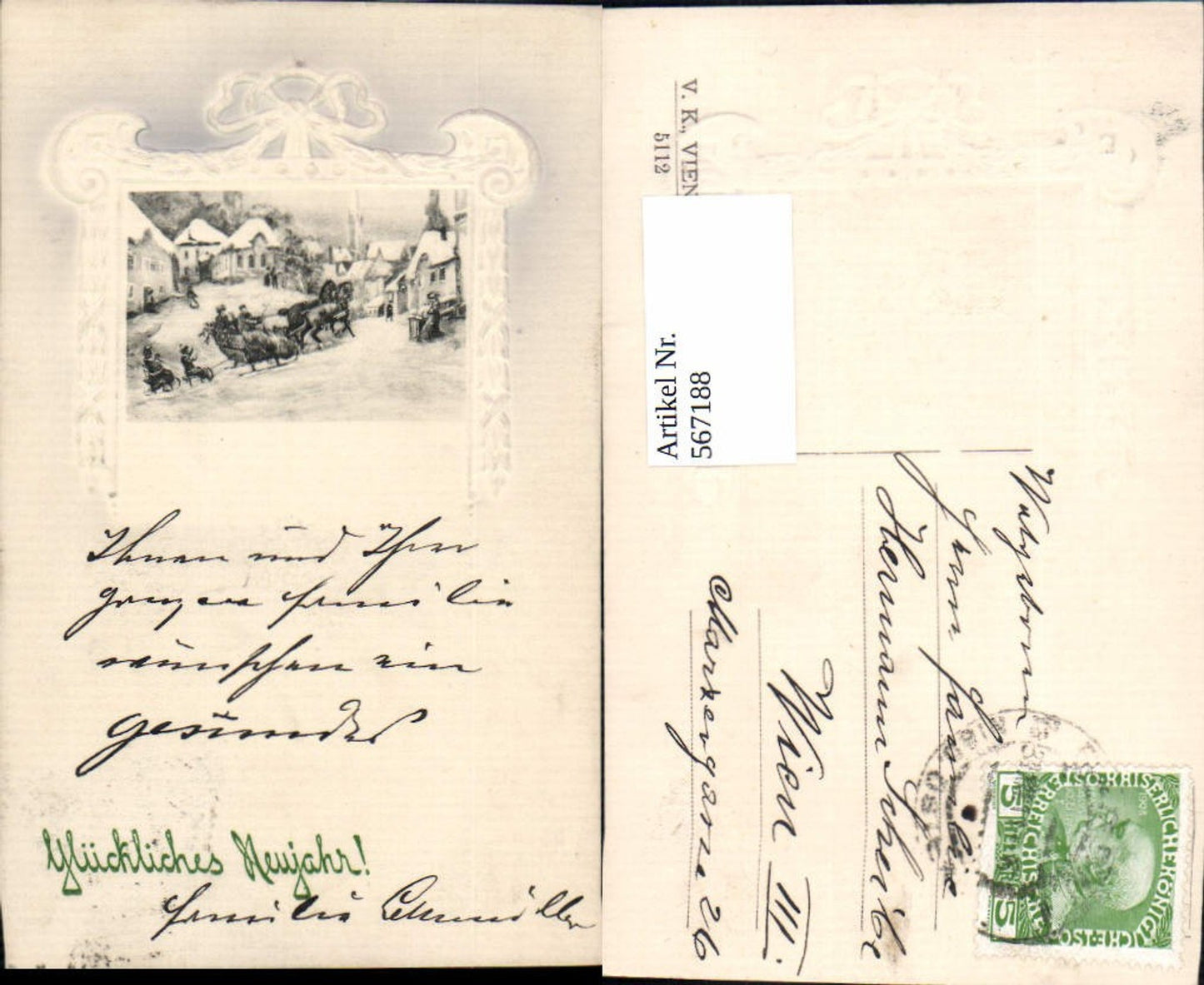 567188,tolle Präge Lithographie Neujahr Schlitten pub V.K. Vienne 5112