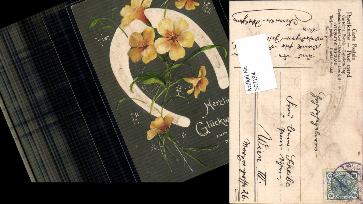 567194,tolle Präge Lithographie Neujahr Hufeisen Blumen