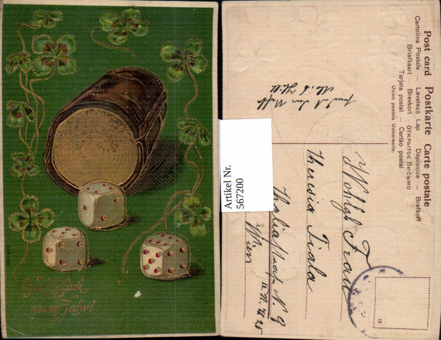 567200,tolle Präge Lithographie Neujahr Würfel Würfelspiel Klee Golddruck