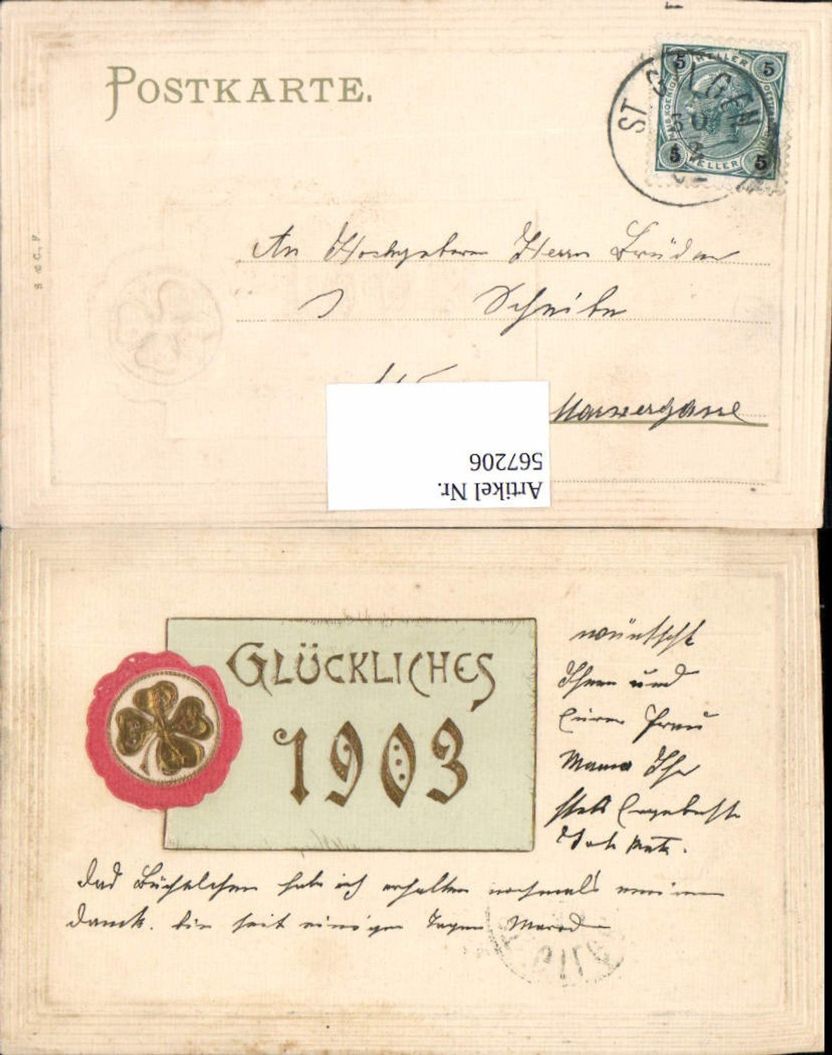 567206,tolle Präge Lithographie Neujahr Jahreszahl 1903 Klee Kleeblatt