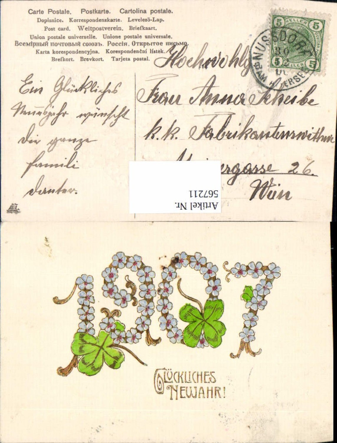 567211,tolle Präge Lithographie Neujahr Jahreszahl 1907 Golddruck Klee