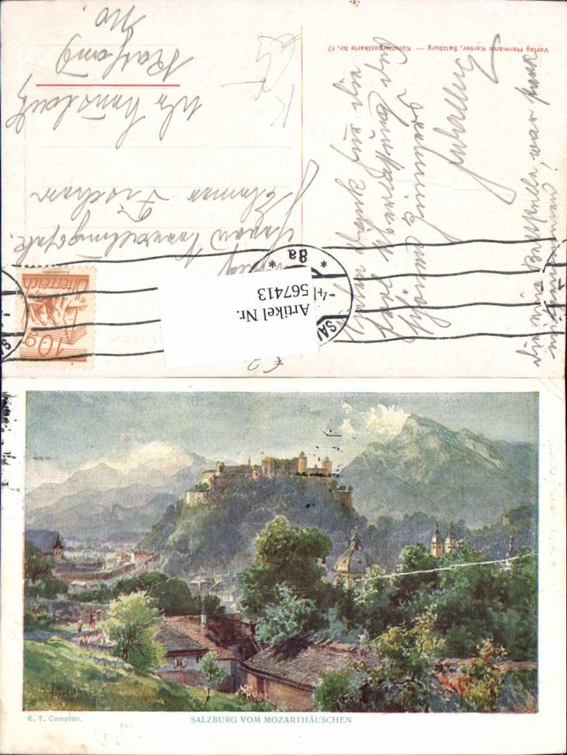 567413,Künstler AK E.T. Compton Salzburg vom Mozarthäuschen