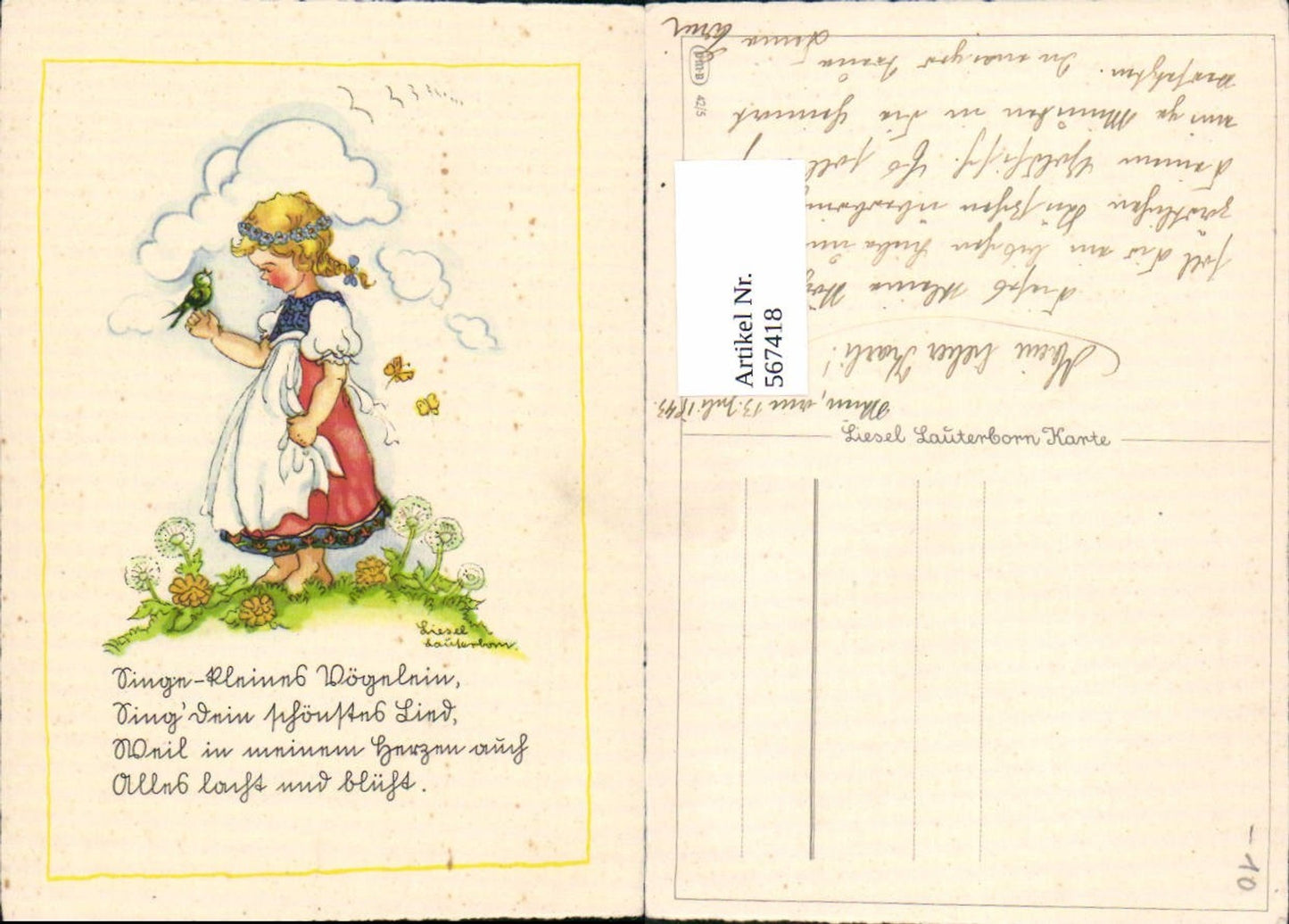 567418,Künstler AK Liesel Lauterborn Vogel Mädchen Blumen